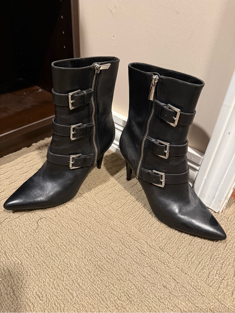 Michael Kors Black Leather Pointed Ankle Booties with Buckle